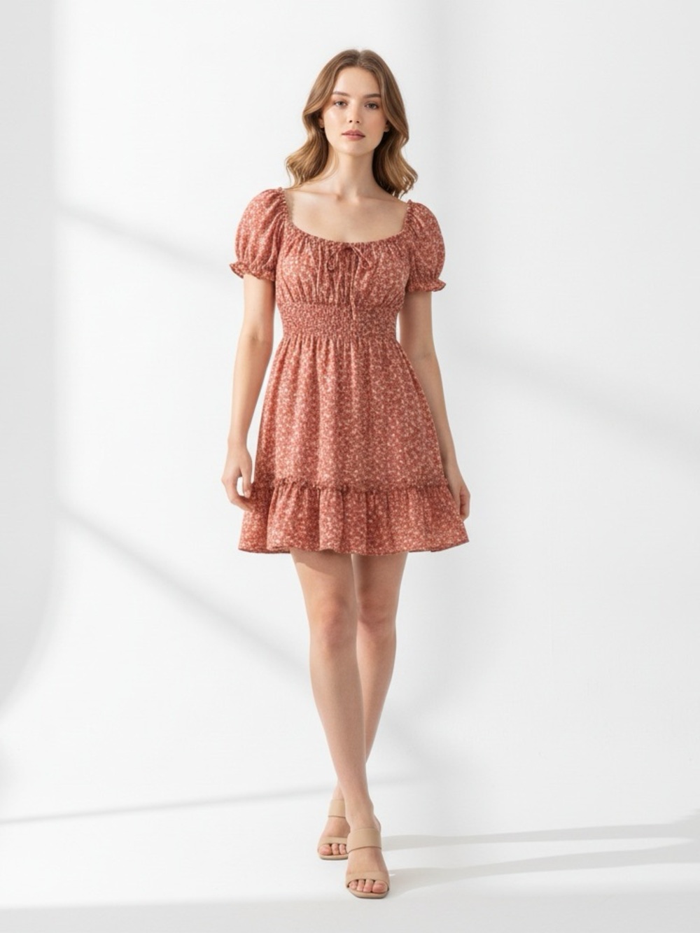 SHEIN Salmon Floral Smocked Puff Sleeve Dress XL